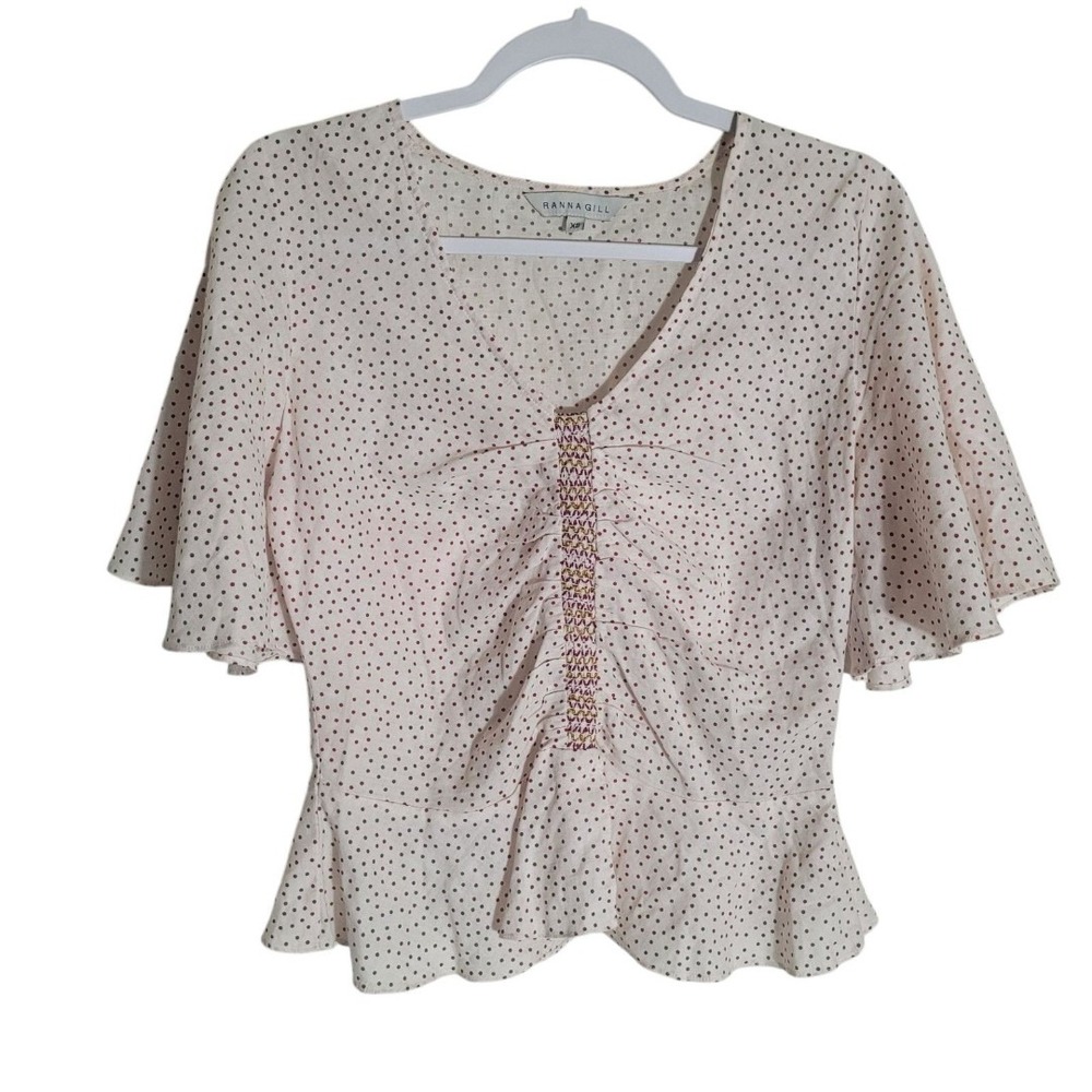 Ranna Gill Flutter Sleeve Peplum Blouse Women's Size XS White Red Polka Dot Boho
